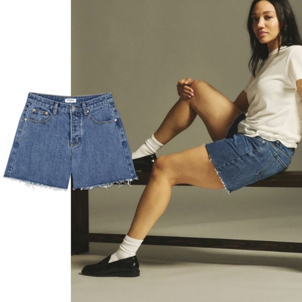 High-Rise Blue Denim Jean Shorts with Raw Hem - Unbranded